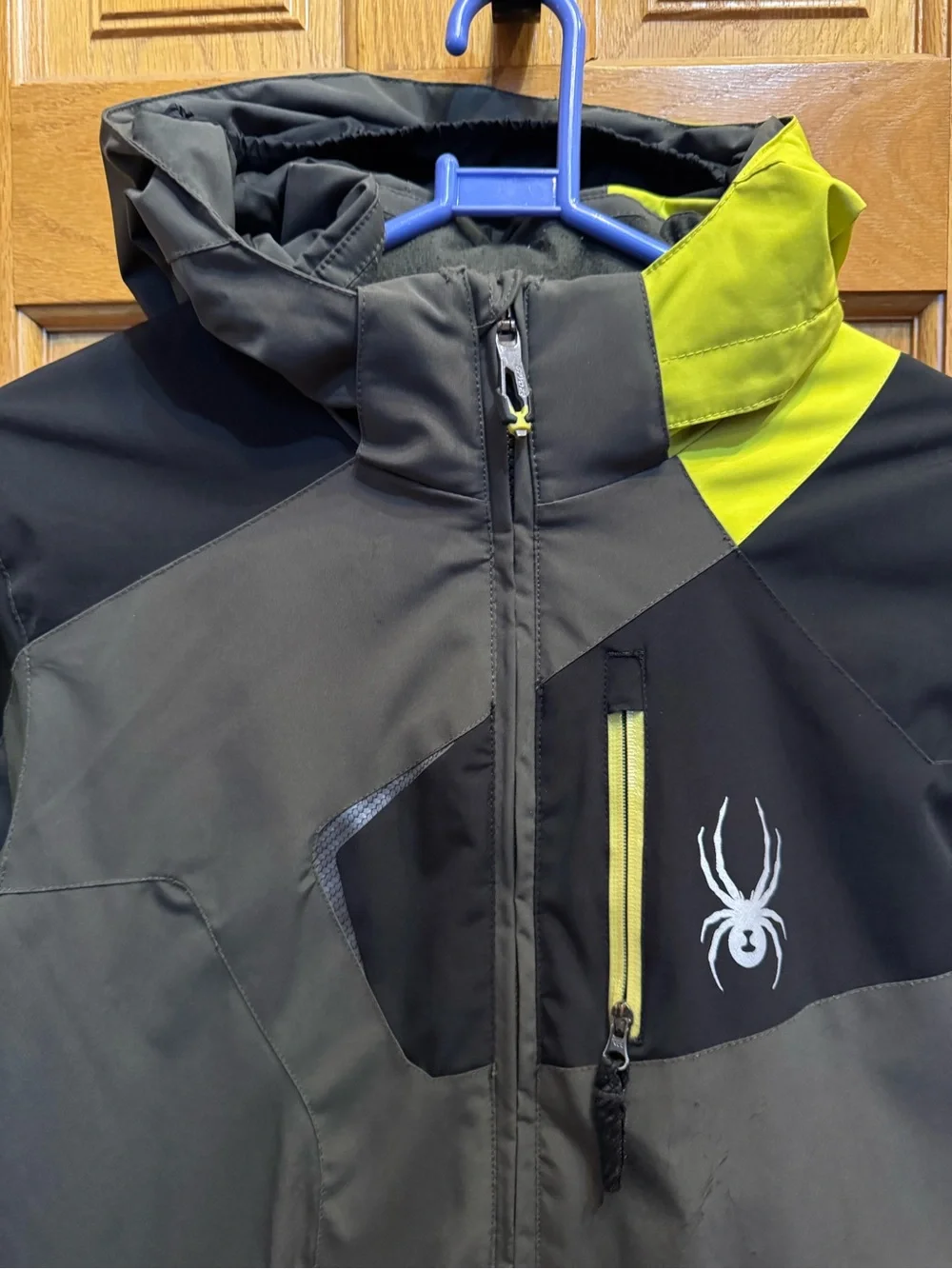 Spyder Youth Insulated Ski Jacket Black Neon Yellow Hooded Winter Coat 14/16
